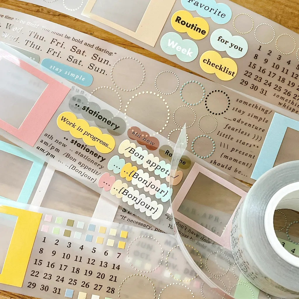 Journal layout using Circle and Frame PET Tape weekday text and pastel label elements