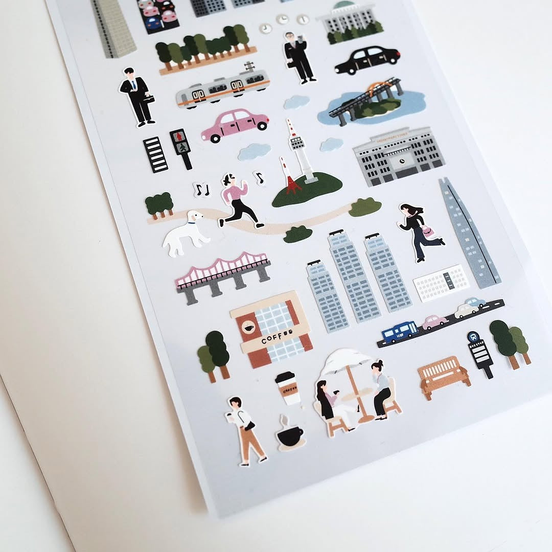 Cityscape stickers with people, buildings and vehicles, from the City!City! Sticker Sheet