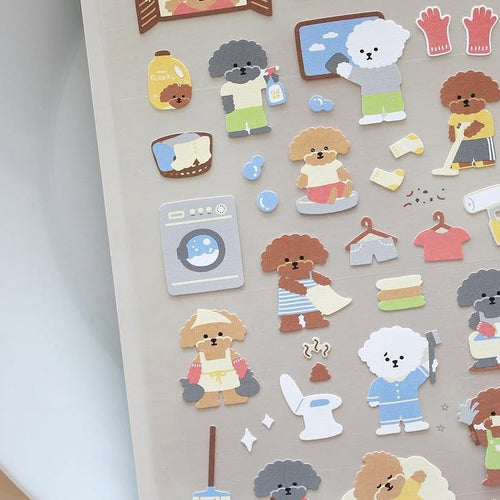 Cleaning Day sticker sheet by Suatelier, colorful dog-themed designs on grey