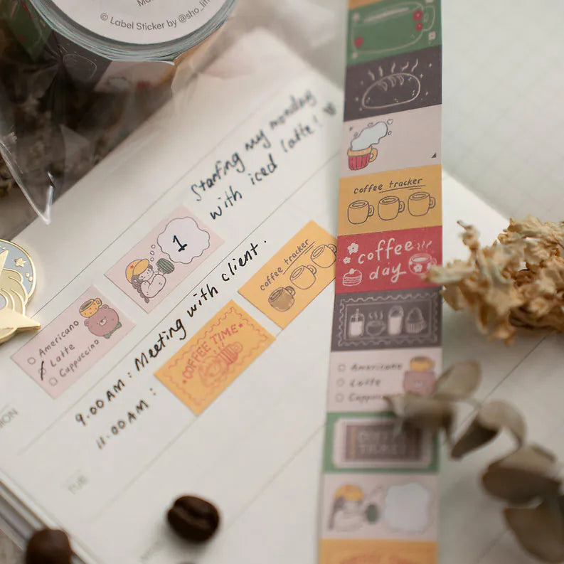 Coffee Label Sticker Tape by Sho Little Happiness with cafe designs applied on a planner page