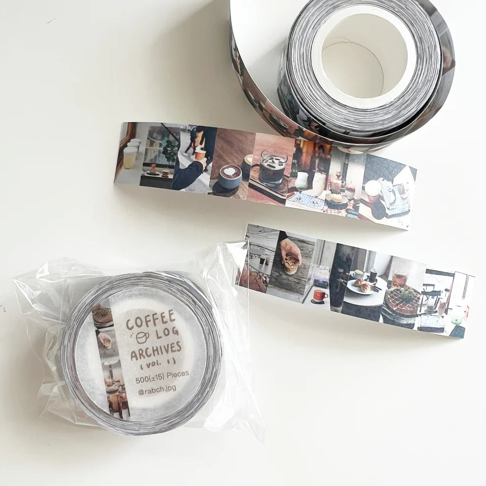 Coffee Log Archives Vol. 1 Label Sticker Tape with cafe photo labels on a white surface