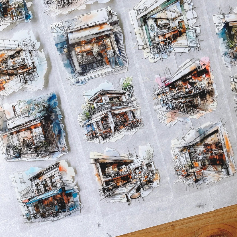 Coffee Moment PET Tape by Neverland Studios detailed cafe building sketches on a textured surface