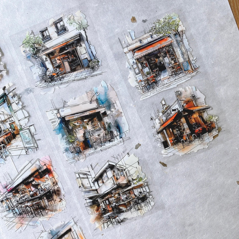 Coffee Moment PET Tape stylized coffee-shop architecture drawings collaged on a textured surface