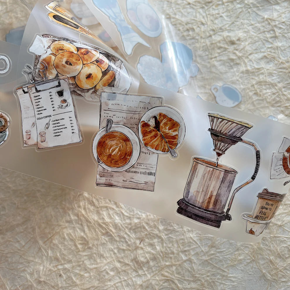 Coffee Time A50 PET Tape vintage cafe sticker designs displayed on a textured surface, top view
