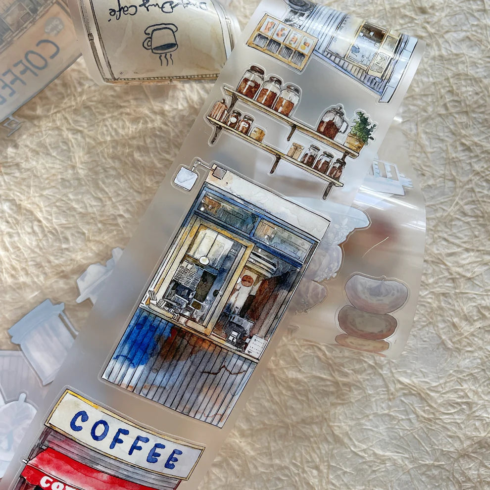 Coffee Time A50 PET Tape styled as a miniature coffee shop scene on a textured surface