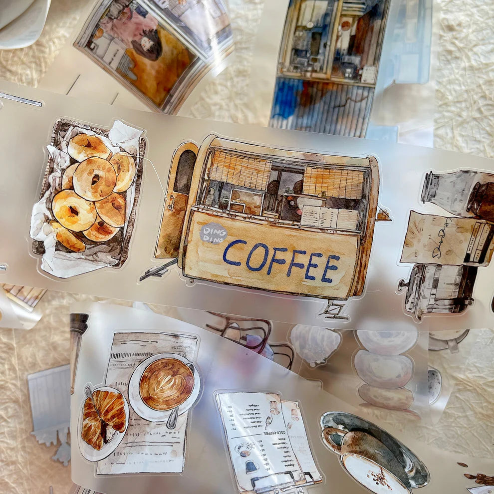 Coffee Time A50 PET Tape tabletop scene with bagels, cups and a coffee shop model