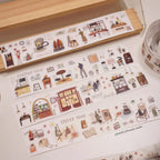 Set of decorative stickers with illustrations on a white surface