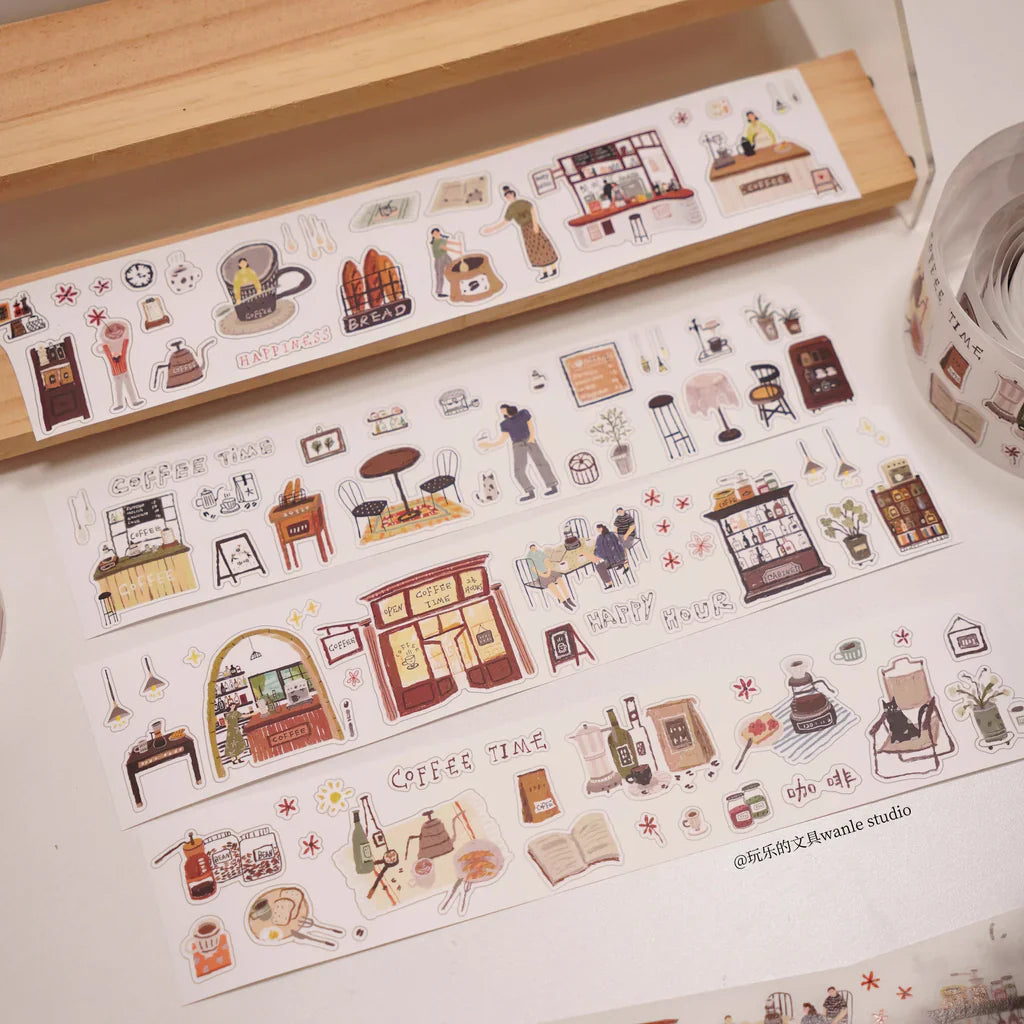 Coffee Time Sticker Tape by Wanle Studio cafe illustration set on a white surface