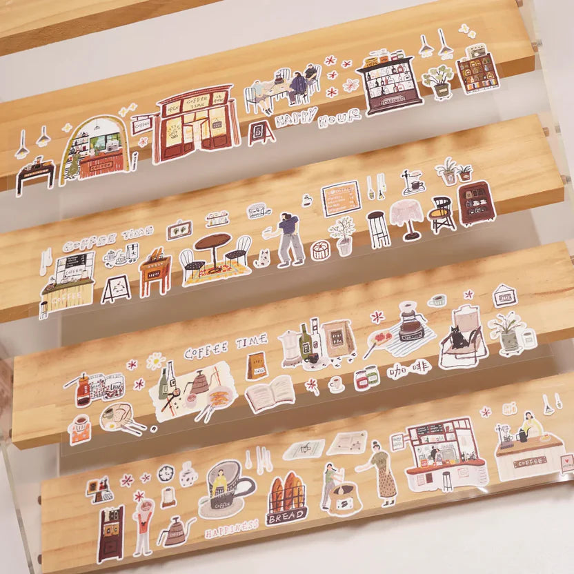 Coffee Time Sticker Tape room and furniture designs styled on wooden display shelves