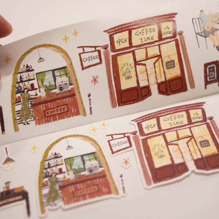 Coffee Time Sticker Tape coffee shop designs with Open Time text on a white background