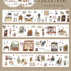 Illustrated coffee shop scene with various elements on a beige background