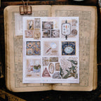 Sheet of decorative stamps on an open book with text