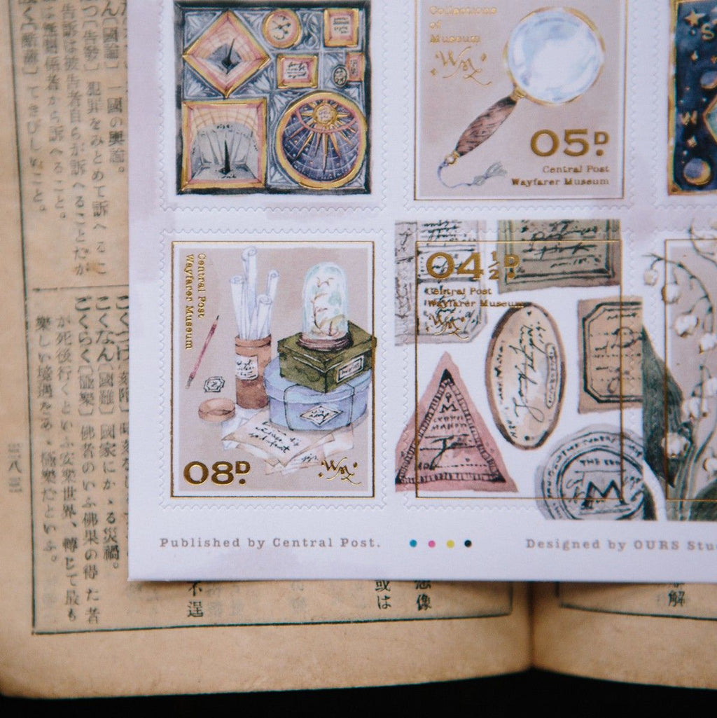 Collection of vintage-style stamps and postcard designs on a book page.