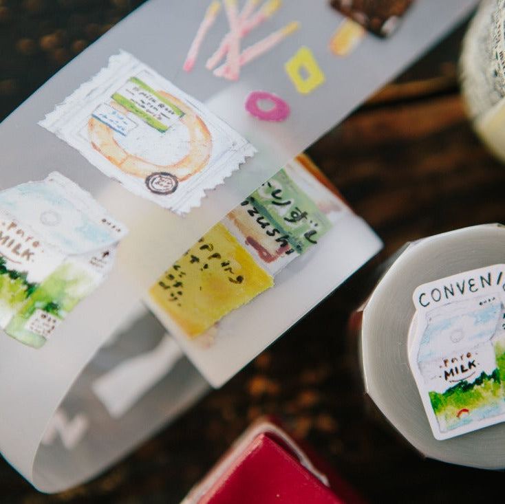 Convenience Store PET Tape milk-carton designs styled as tiny labeled containers on a dark surface
