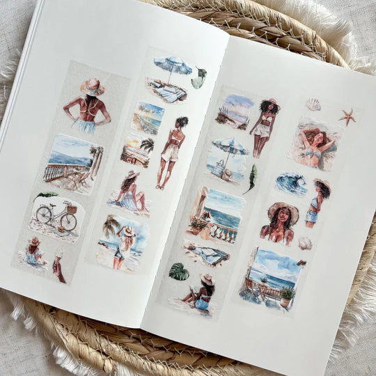 Coastal Living PET Tape by ArtStudioLea with beach-themed sheet designs styled on a woven surface