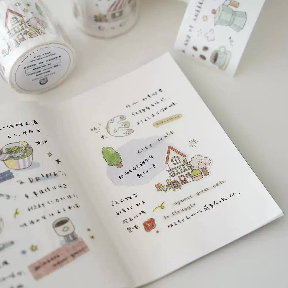 Notebook with illustrations and text on a white surface