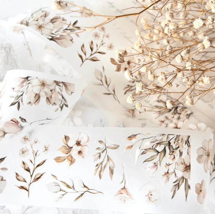 Blossoming PET Tape vibrant blooms shown in a styled floral flat lay on a light backdrop