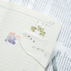 Memories Washi Tape by Dodolulu — clover earrings on an 'it's spring!' note, styled shot, for journaling