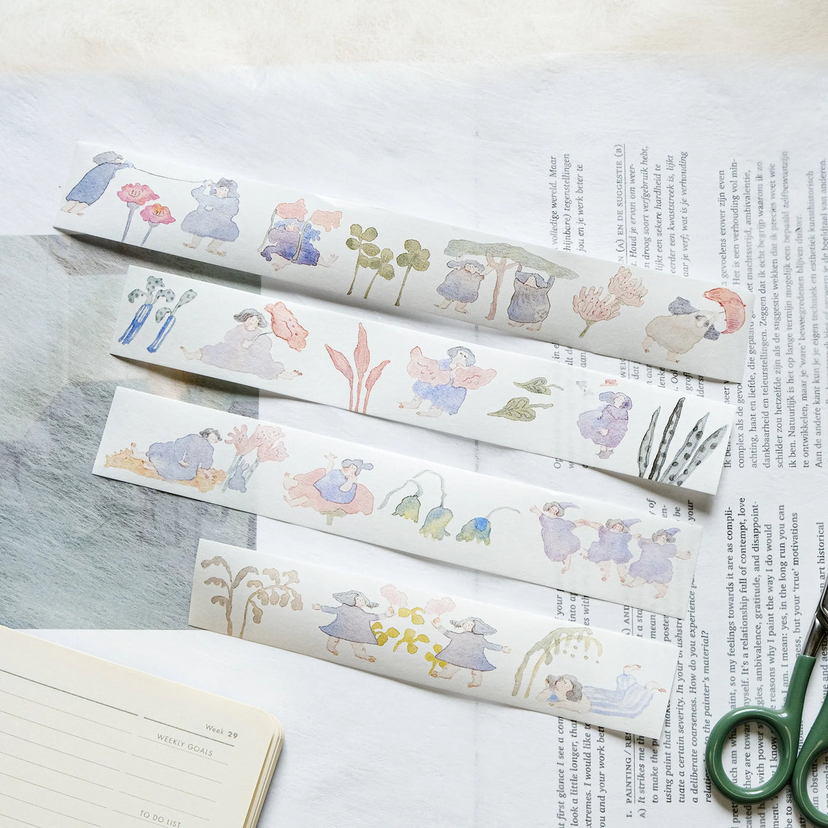 Memories Washi Tape by Dodolulu — washi tape design strips on a newspaper backdrop, for journaling