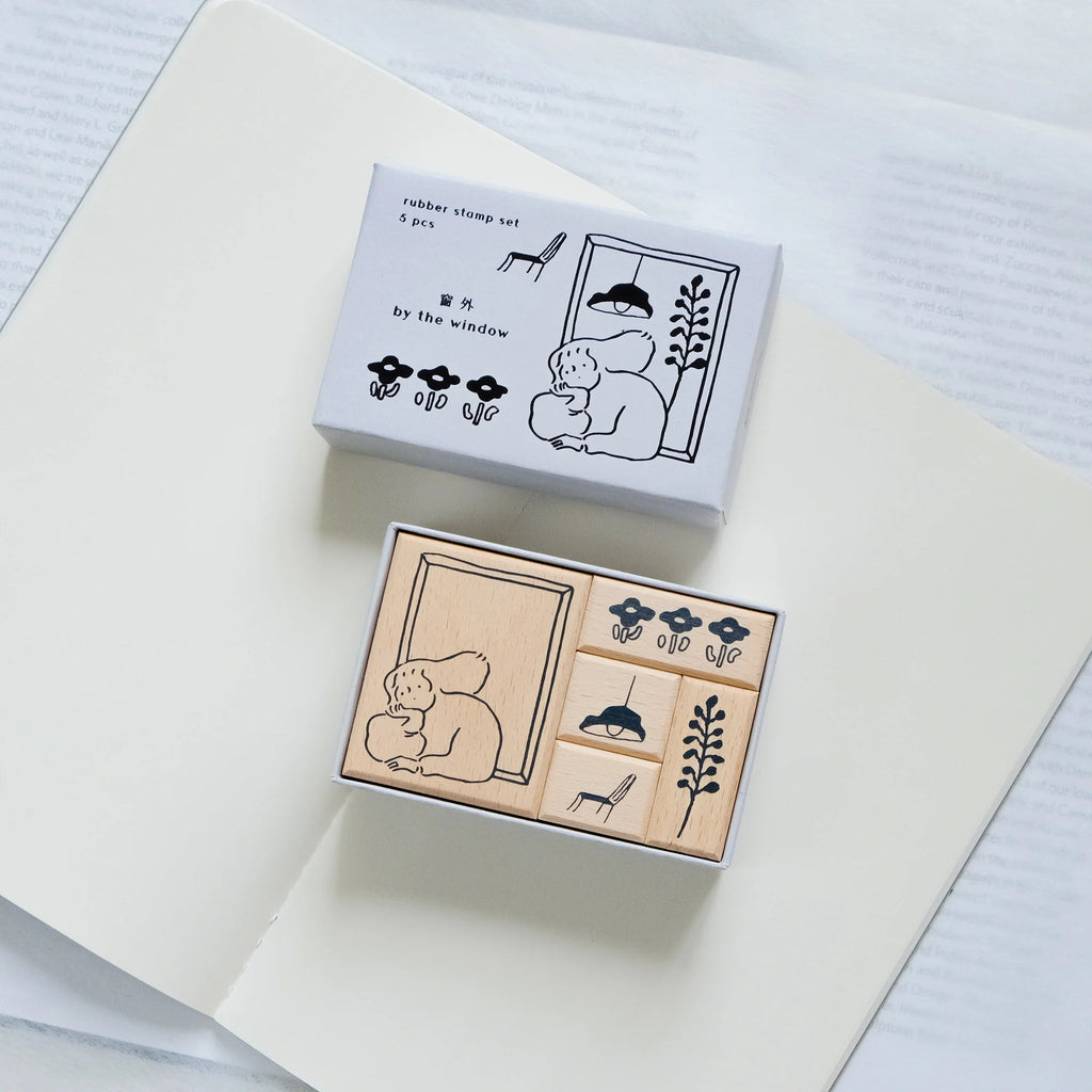 By The Window Rubber Stamp by Dodolulu — boxed set of cute-illustration wooden rubber stamps, for journaling