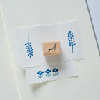 By The Window Rubber Stamp by Dodolulu — blue floral wooden rubber stamp on cloth, for journaling