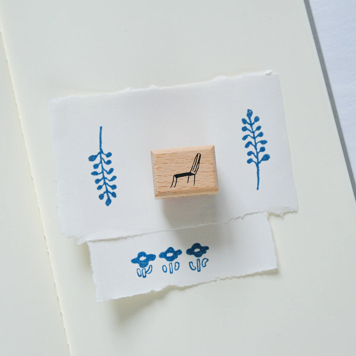 By The Window Rubber Stamp by Dodolulu — blue floral wooden rubber stamp on cloth, for journaling