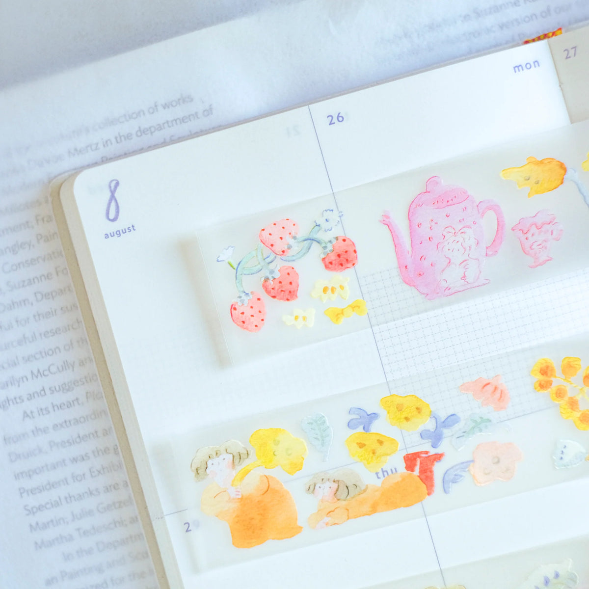 Indulgence PET Tape by Dodolulu — teapot-and-flowers PET tape design on a book, for journaling