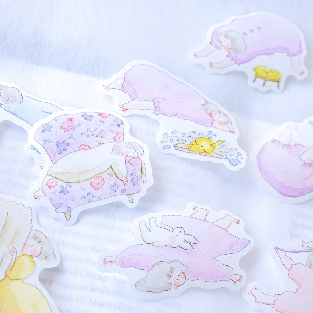 Lazy Day Comforts Sticker Set by Dodolulu — pastel cartoon-character stickers, for journaling