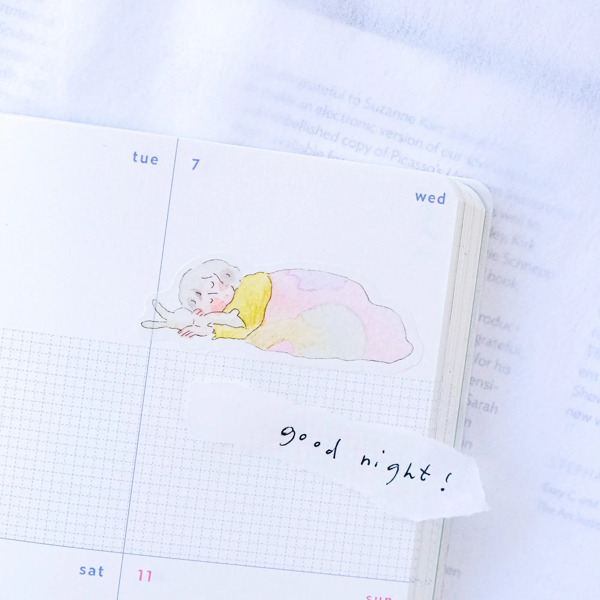 Lazy Day Comforts Sticker Set by Dodolulu — sleeping-child 'good night!' sticker in a calendar, for journaling