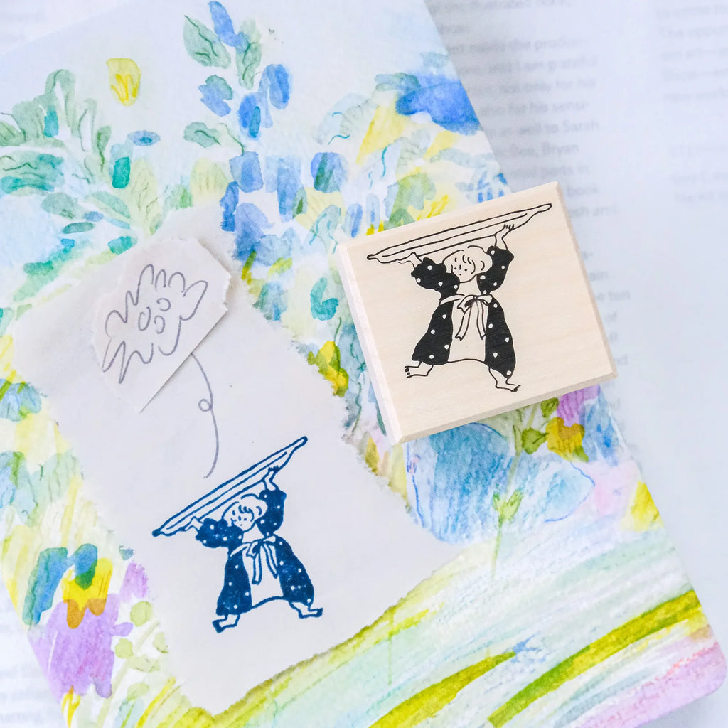 Bon Appétit Rubber Stamp by Dodolulu — figure-with-hat wooden rubber stamp on watercolour, for journaling
