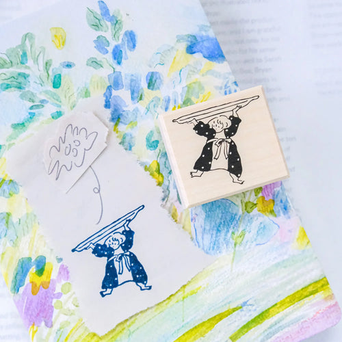 Bon Appétit Rubber Stamp by Dodolulu — figure-with-hat wooden rubber stamp on watercolour, for journaling