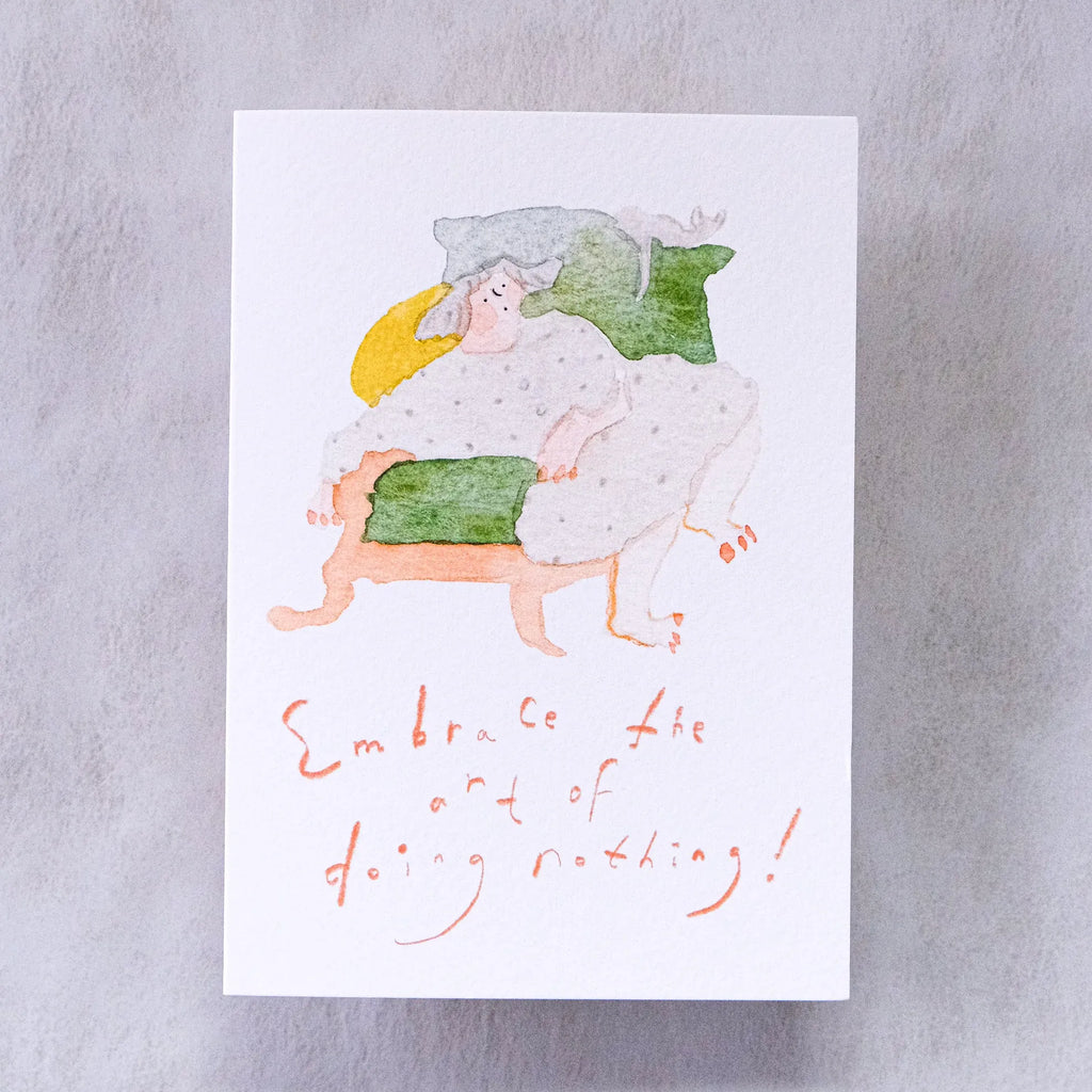 Art of Doing Nothing Greeting Card by Dodolulu — figure lounging on a couch illustration, for gifting