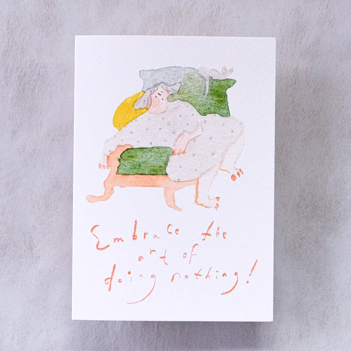 Art of Doing Nothing Greeting Card by Dodolulu — figure lounging on a couch illustration, for gifting