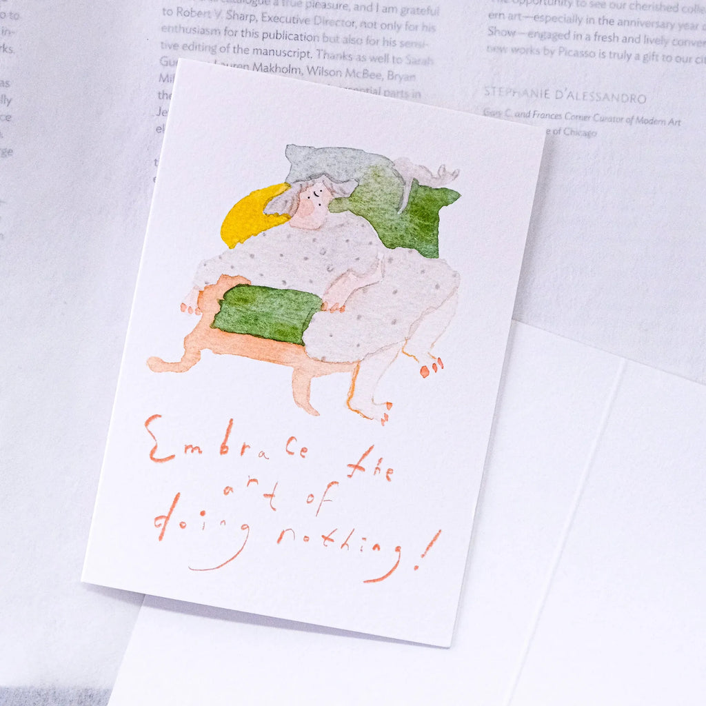 Art of Doing Nothing Greeting Card by Dodolulu — figure on a cloud, 'embrace doing nothing' card, for gifting