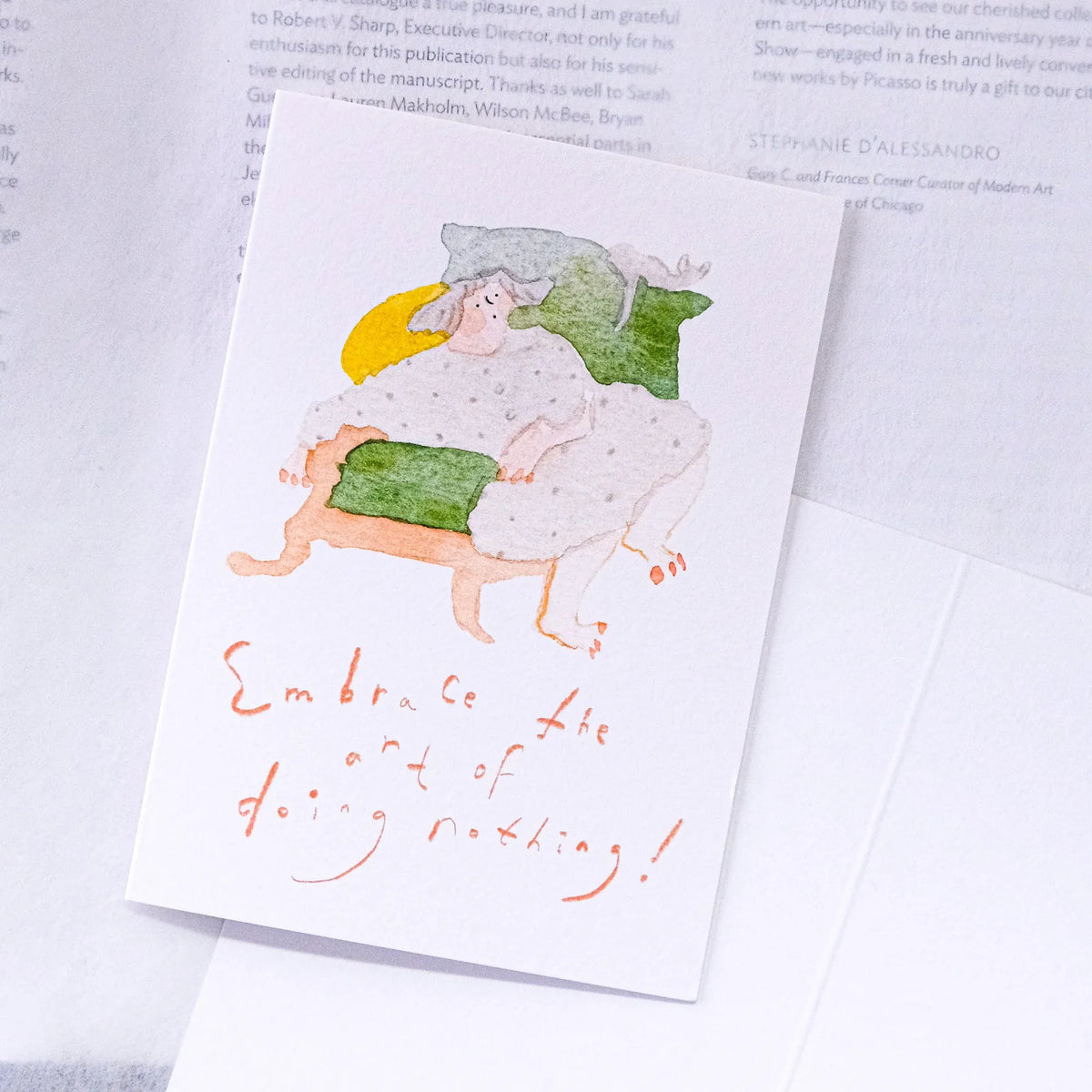 Art of Doing Nothing Greeting Card by Dodolulu — figure on a cloud, 'embrace doing nothing' card, for gifting
