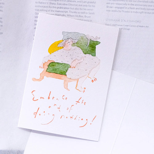 Art of Doing Nothing Greeting Card by Dodolulu — figure on a cloud, 'embrace doing nothing' card, for gifting