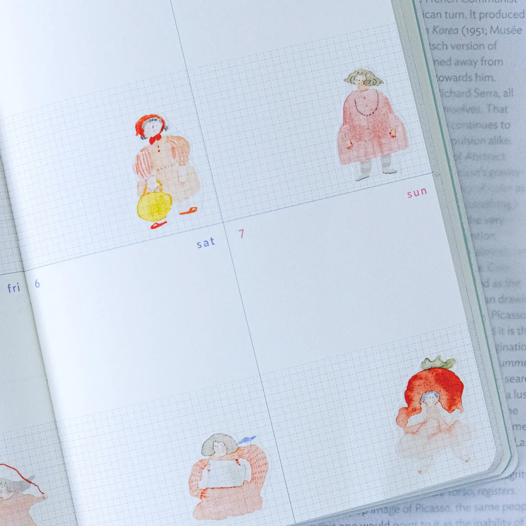 Seasons Quartet Vol.1 Washi Tape by Dodolulu — pink-dress-woman washi tape in a calendar, for journaling