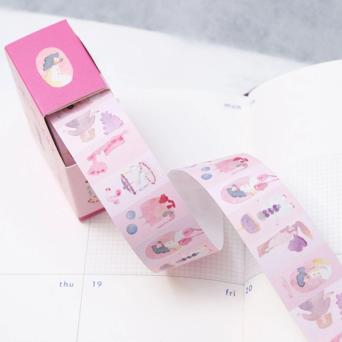Pink Lullaby Label Tape by Dodolulu — pink cartoon-character label tape roll, for journaling & craft