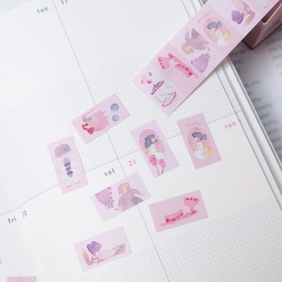 Pink Lullaby Label Tape by Dodolulu — pink cartoon-character label tape in a calendar, for journaling