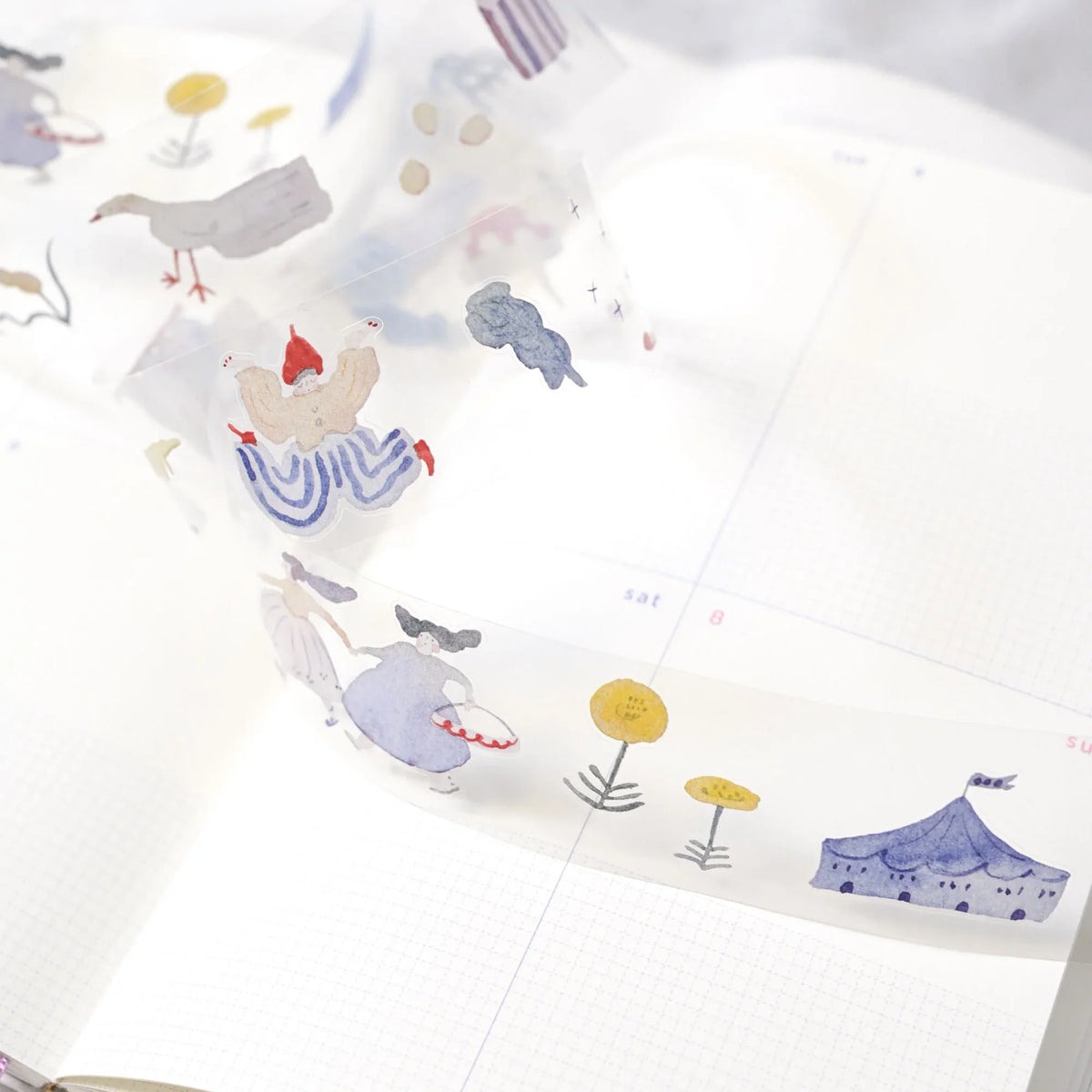 Miles Away .doremi. PET Tape by Dodolulu — blue bird and tent PET tape roll on a notebook, for journaling