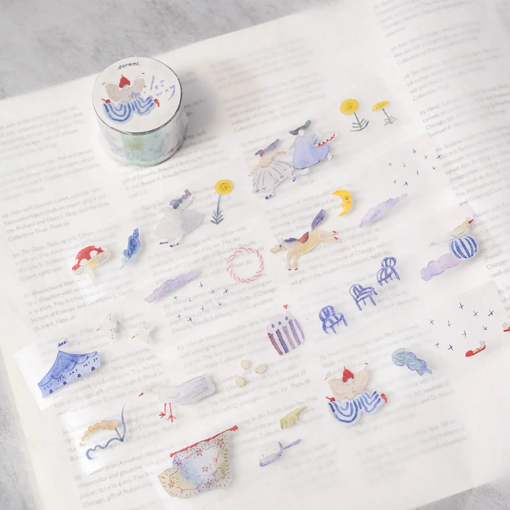 Miles Away .doremi. PET Tape by Dodolulu — PET tape roll with laid-out design pieces, for journaling