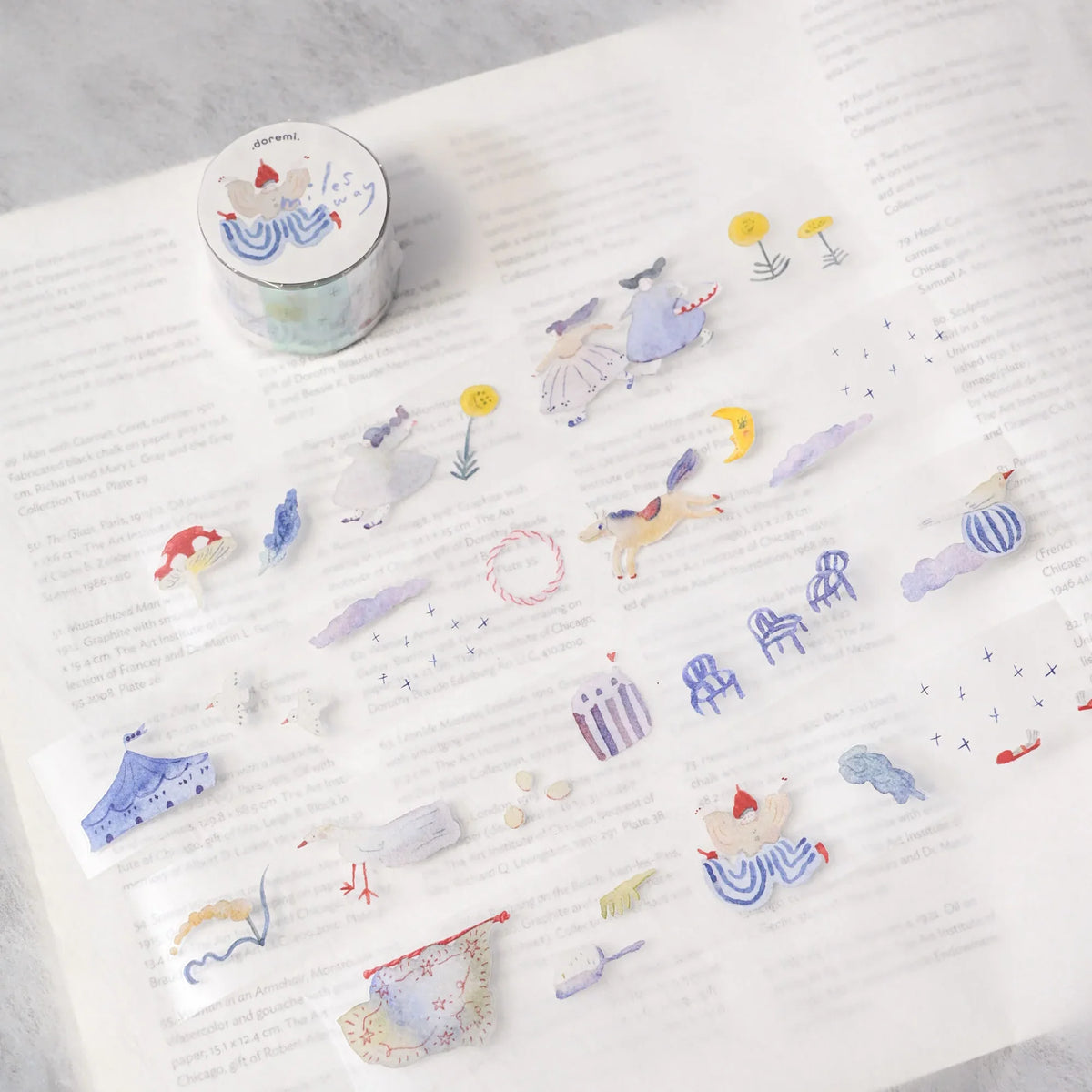 Miles Away .doremi. PET Tape by Dodolulu — PET tape roll with laid-out design pieces, for journaling