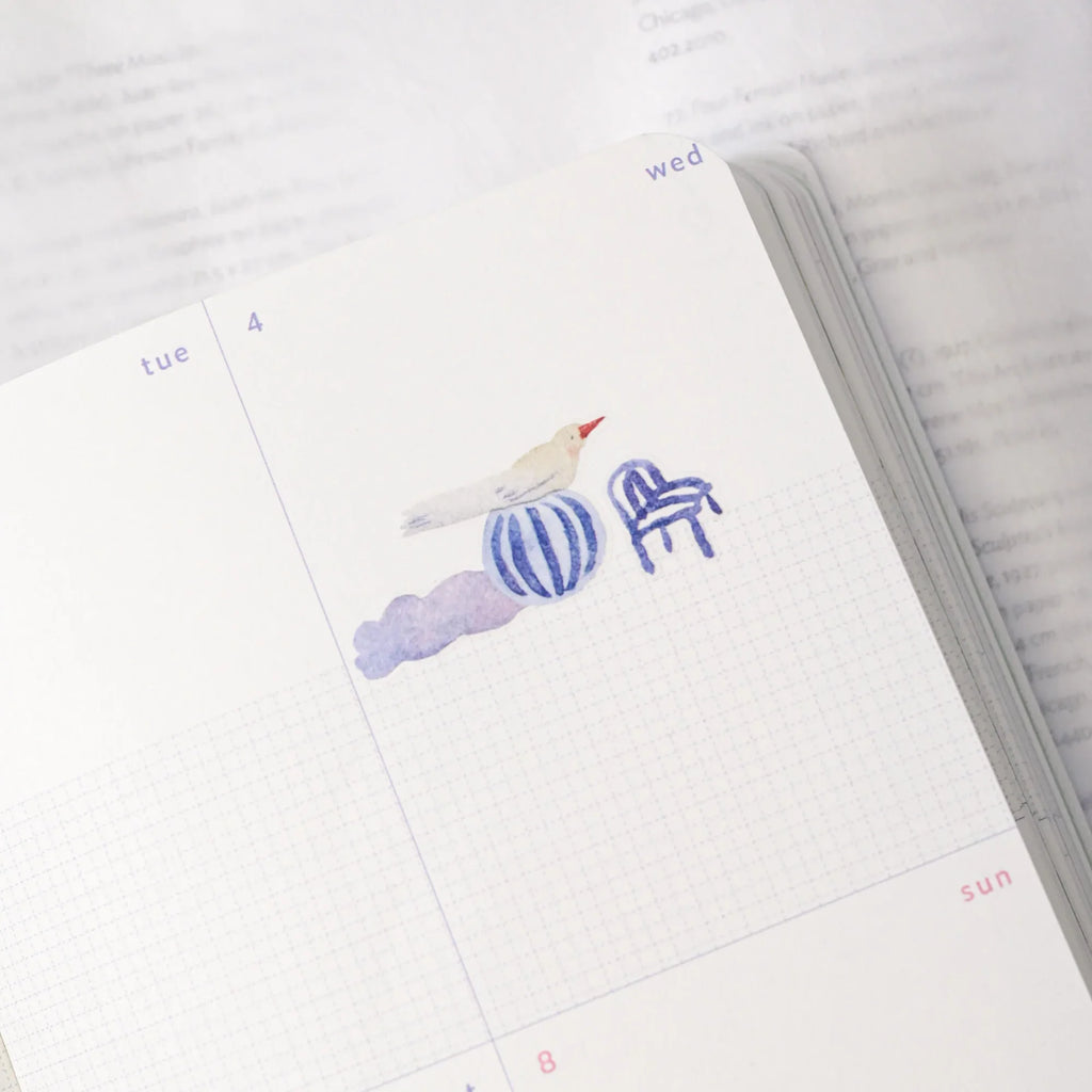 Miles Away .doremi. PET Tape by Dodolulu — bird and striped-ball PET tape in a journal spread, for journaling
