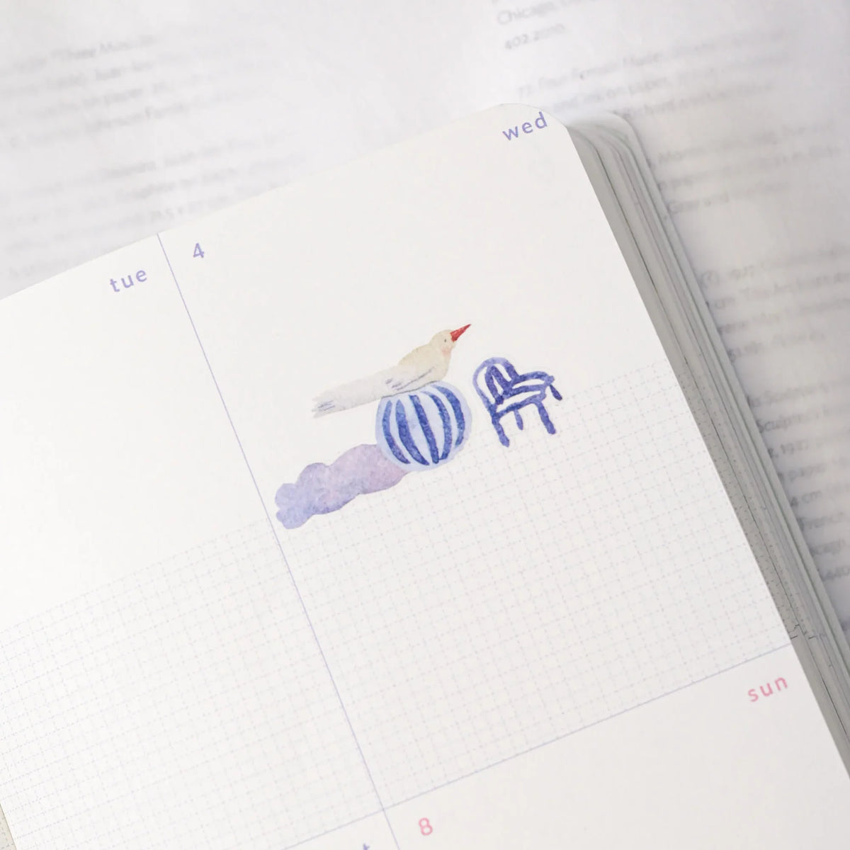 Miles Away .doremi. PET Tape by Dodolulu — bird and striped-ball PET tape in a journal spread, for journaling