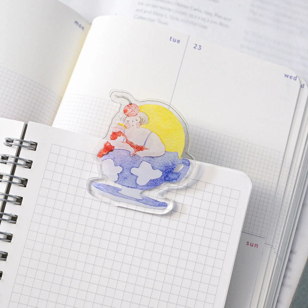 Afternoon Tea Journaling Clip by Dodolulu — acrylic rabbit-on-a-cloud clip on grid notebooks, for journaling