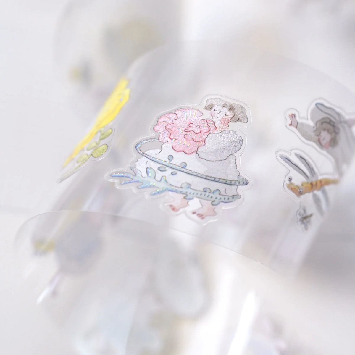 Nestled In Green .doremi. PET Tape by Dodolulu — pastel girl-and-rabbit PET tape close-up, for journaling