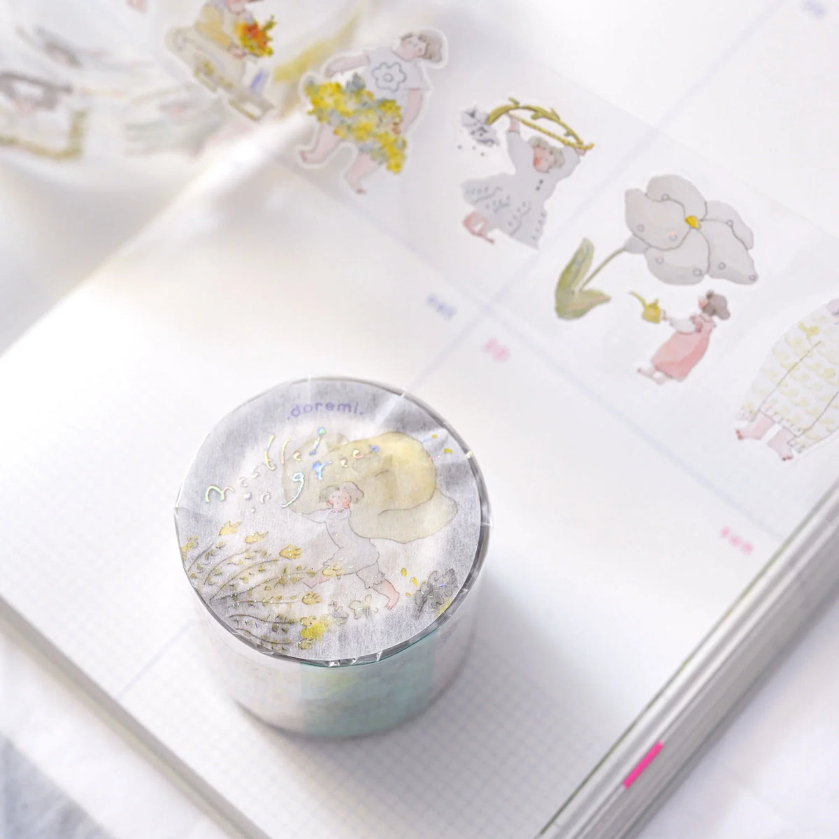 Nestled In Green .doremi. PET Tape by Dodolulu — pastel cloud-and-floral clear PET deco tape roll, for journaling