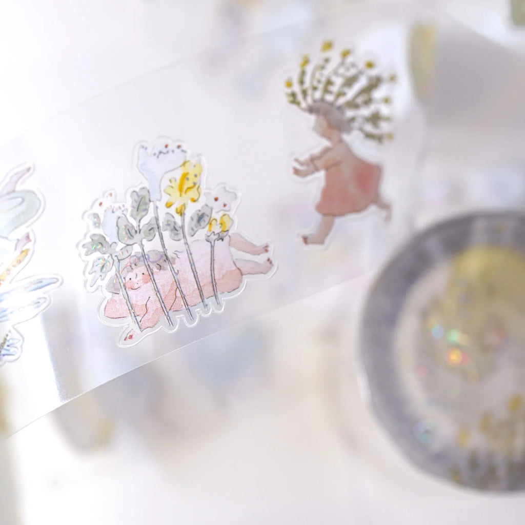 Nestled In Green .doremi. PET Tape by Dodolulu — pastel character-and-floral PET tape close-up, for journaling