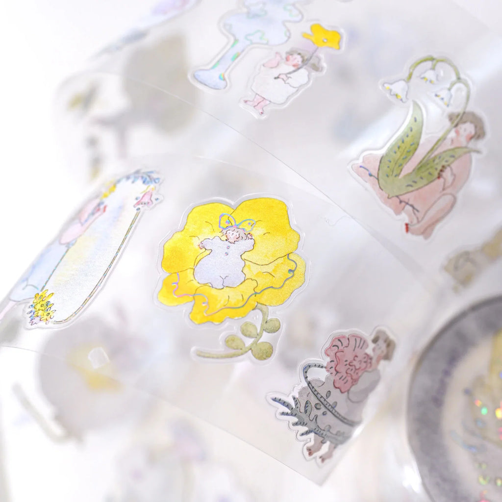 Nestled In Green .doremi. PET Tape by Dodolulu — bunny, cat and flower PET tape roll close-up, for journaling