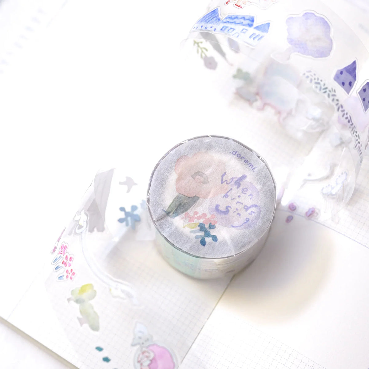 When Birds Sing .doremi. PET Tape by Dodolulu — PET tape roll in its round case, alternate view, for journaling
